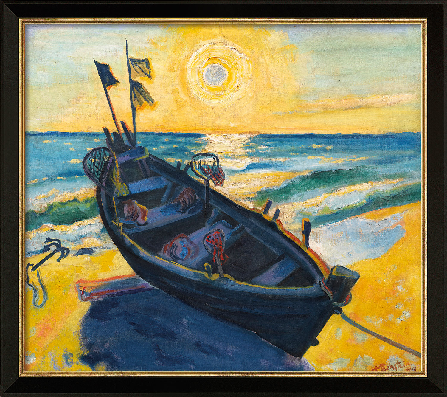 Max Pechstein: Bild 'Boot bei untergehender Sonne' (1949), Version schwarz-goldfarben gerahmt