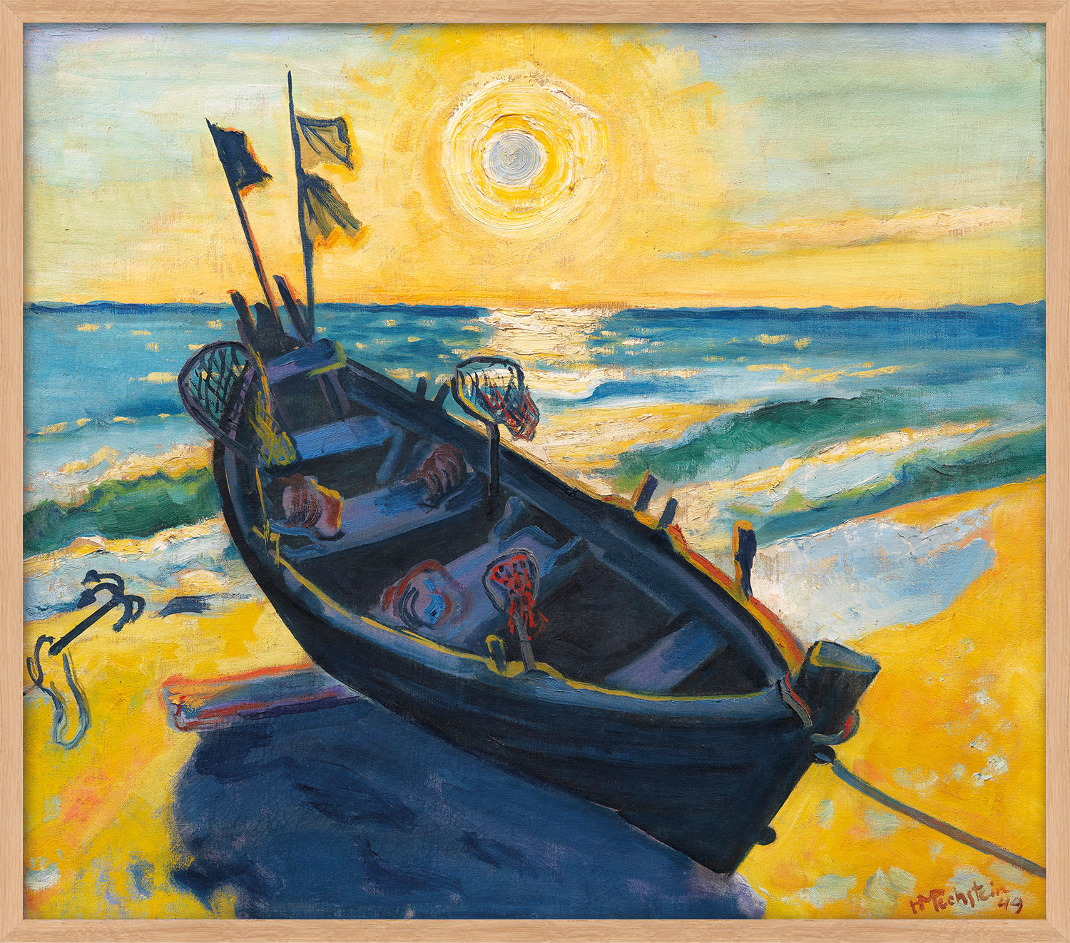 Max Pechstein: Bild 'Boot bei untergehender Sonne' (1949), Version naturfarben gerahmt