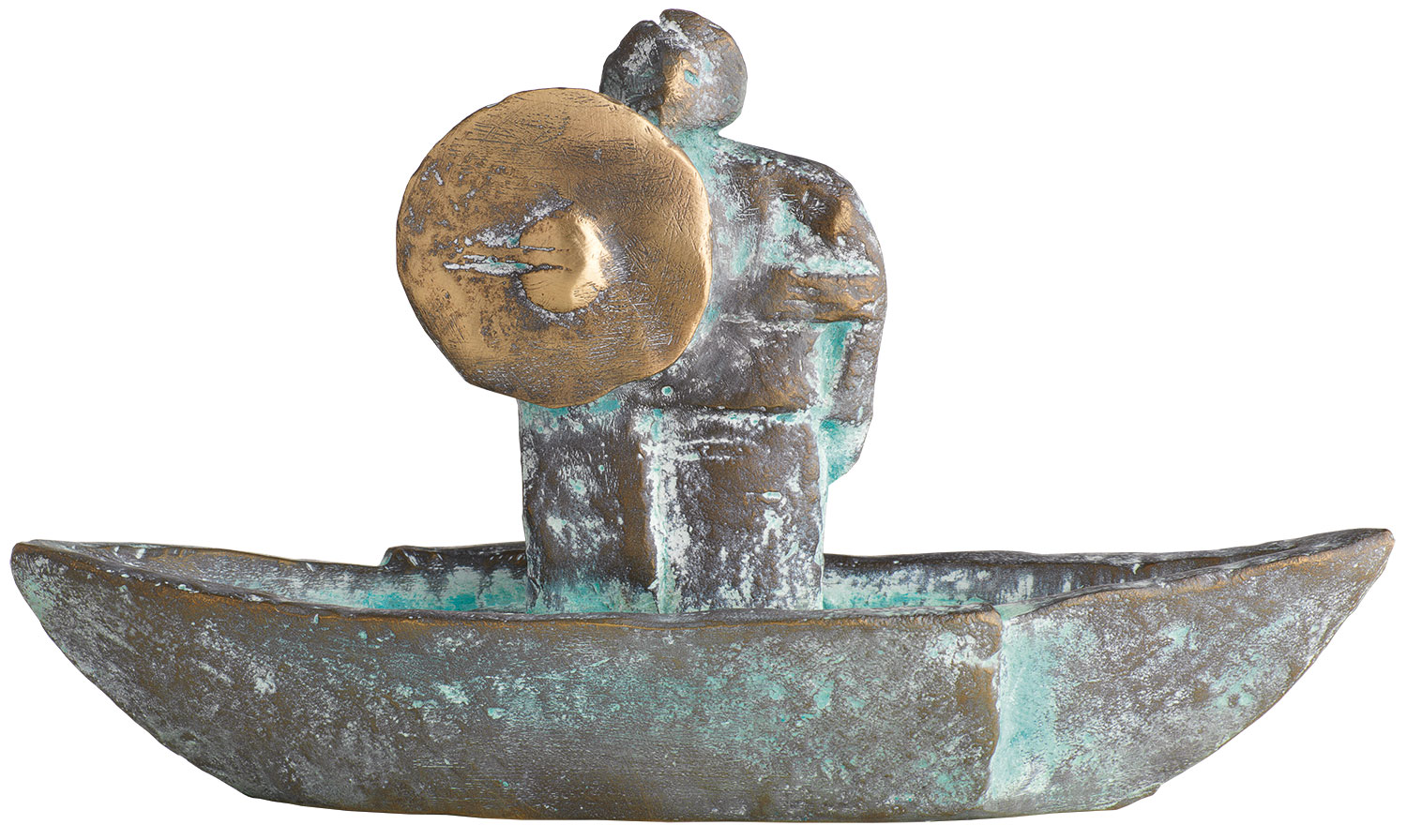 Christoph Fischer: Skulptur 'Wächter im Boot' (2023), Version Bronze grün