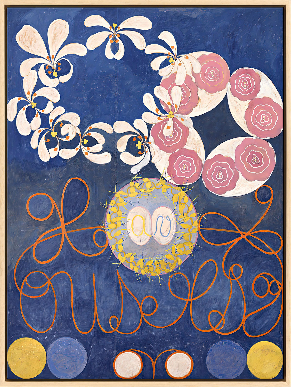 Hilma af Klint: Bild 'Die Zehn Größten, Nr. 1, Das Kindesalter' (1907), Version naturfarben gerahmt