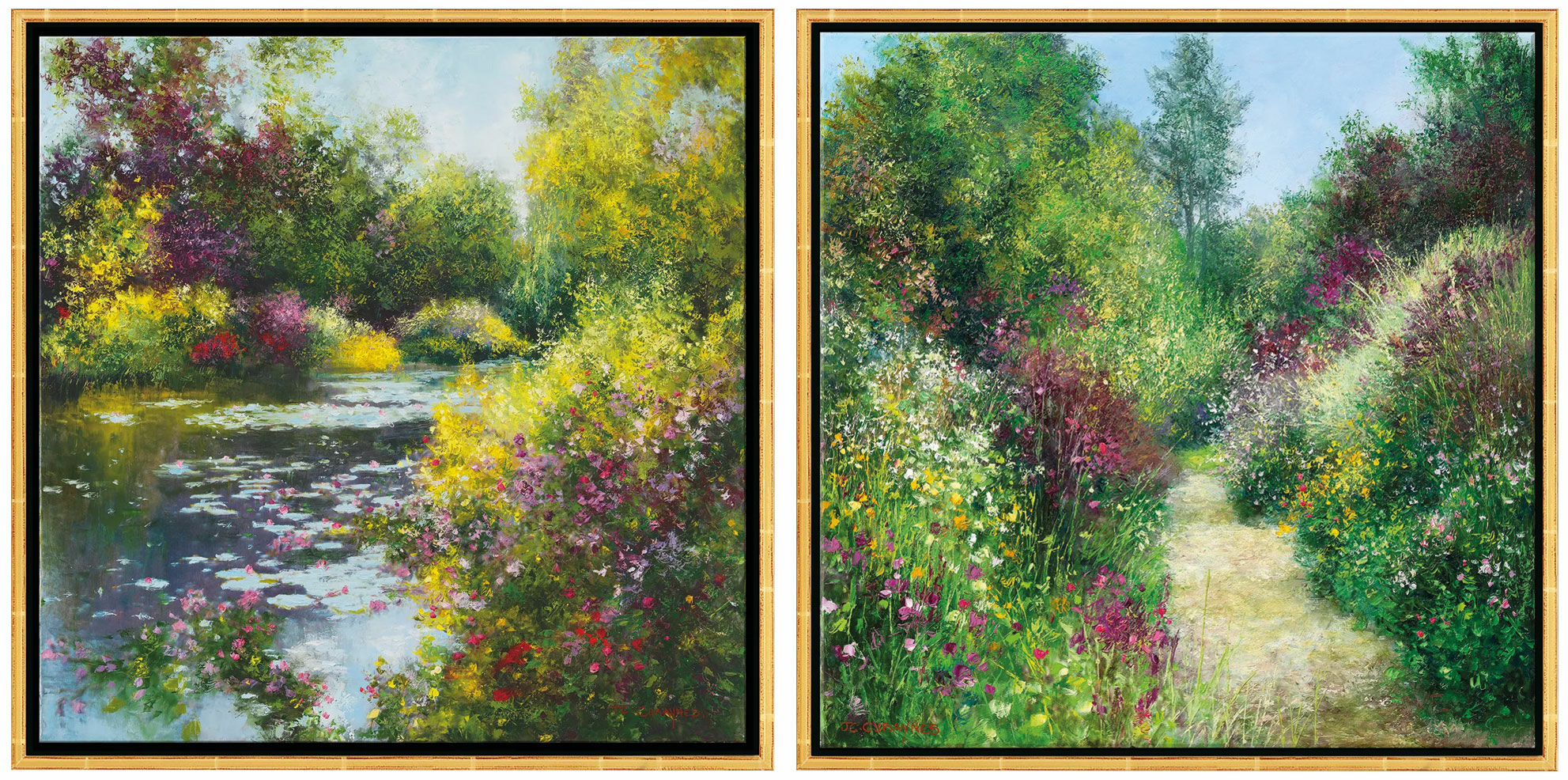 Uppsättning med 2 tavlor "A Giverny le Jardin de Monet" + "Giverny - Le Jardin de Pascale à Grimaud", inramade von Jean-Claude Cubaynes