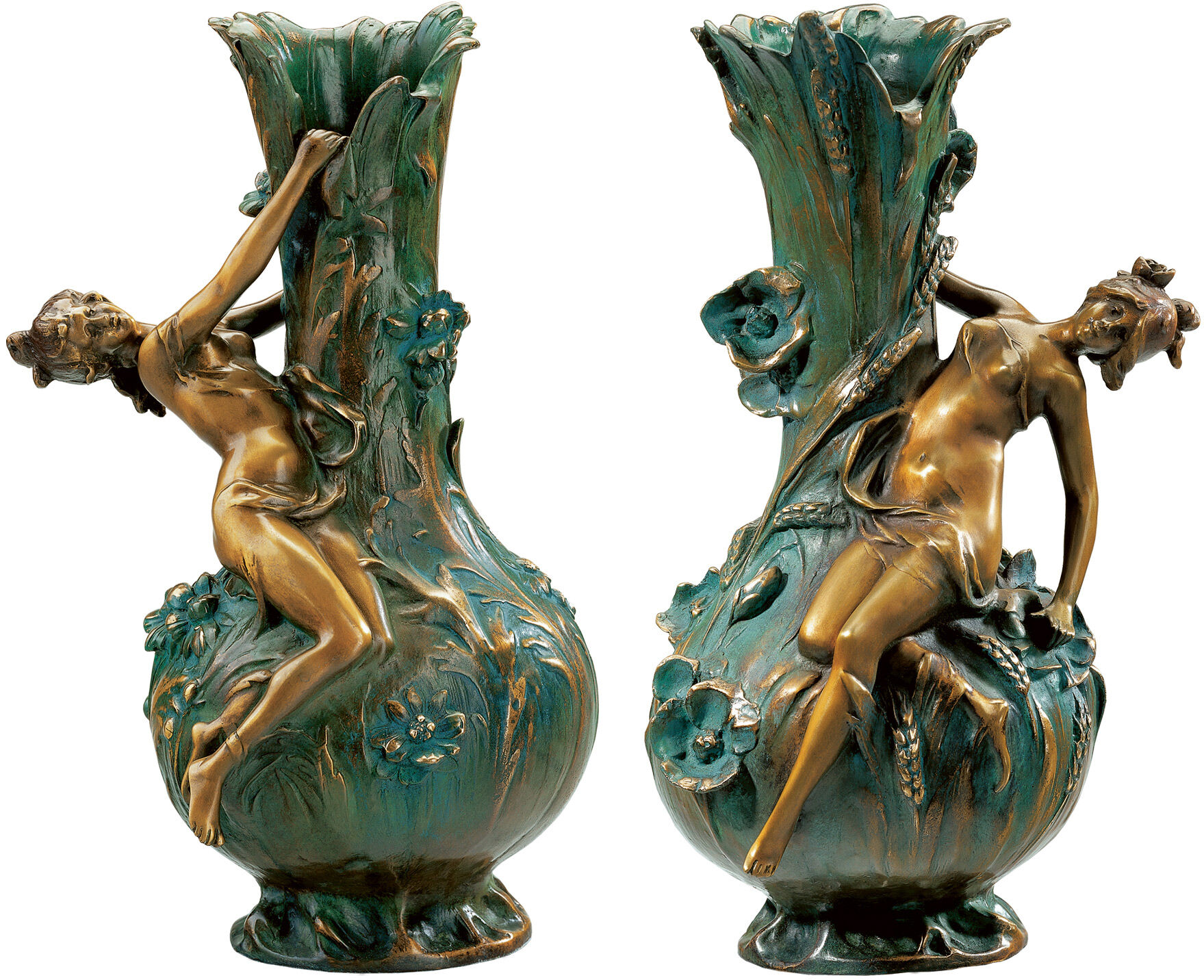 Uppsättning om 2 vaser "Marguerites" och "Coquelicot", bronsversion (antikgrön) von Louis Auguste Moreau