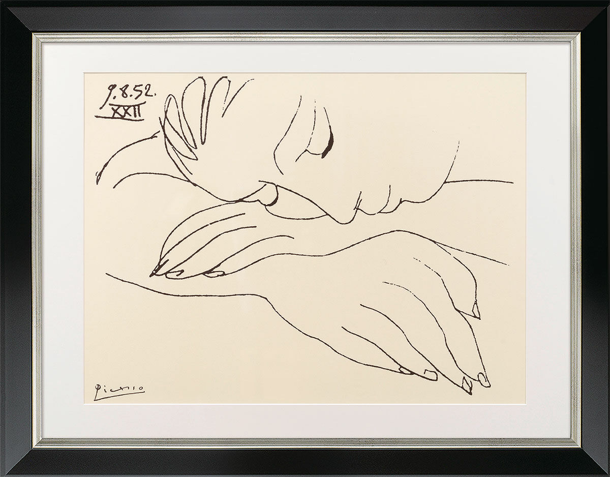 Bild "Krig och fred - sovande kvinna" (1952), svart och silverfärgad inramad version von Pablo Picasso