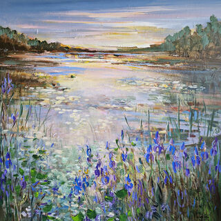 Bild "Blue Irises at the Evening Pond" (2024) (Original / Unikat), auf Keilrahmen