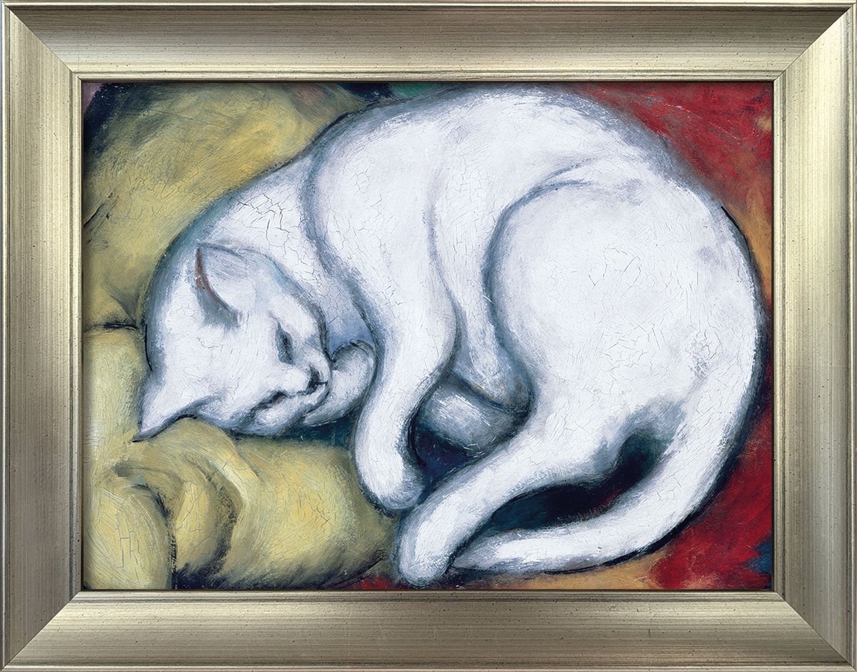 Tableau "Le chat blanc" (Chat sur oreiller jaune) (1912), encadré von Franz Marc