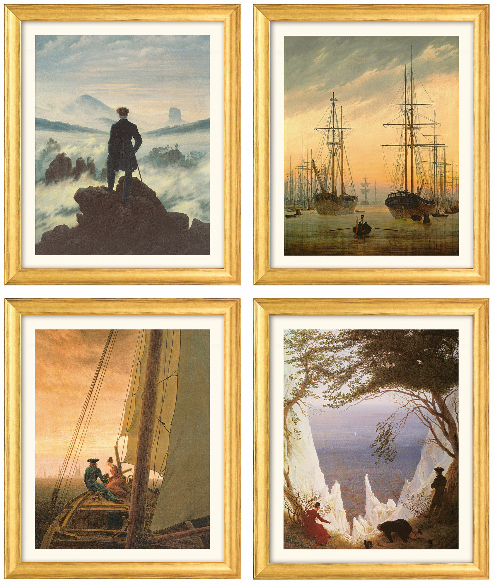 4 Bilder im Set, Version goldfarben gerahmt von Caspar David Friedrich