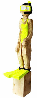 Houten sculptuur "Snorkelaar in Neon Geel" (2024) (Origineel / Uniek stuk)