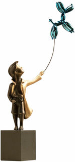 Skulptur "Pojke med blå ballonghund", brons von Miguel Guía