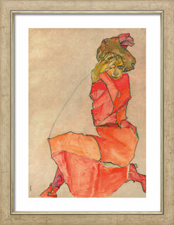 Bild "Knäböjande dam i orange-röd klänning" (1910), inramad von Egon Schiele