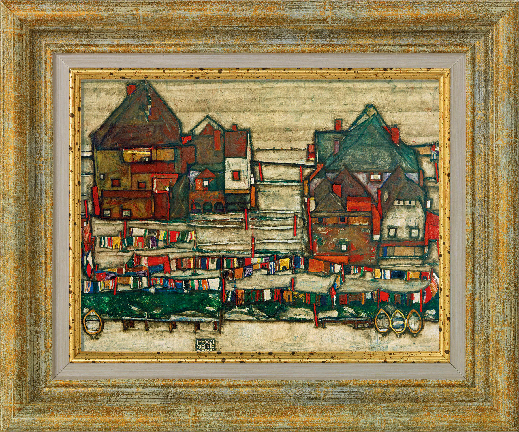 Bild "Hus med färgglad tvätt (Förort II)" (1914), inramad von Egon Schiele