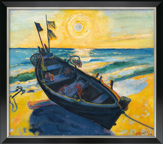 Bild "Boot bei untergehender Sonne" (1949), Version schwarz-silberfarben gerahmt