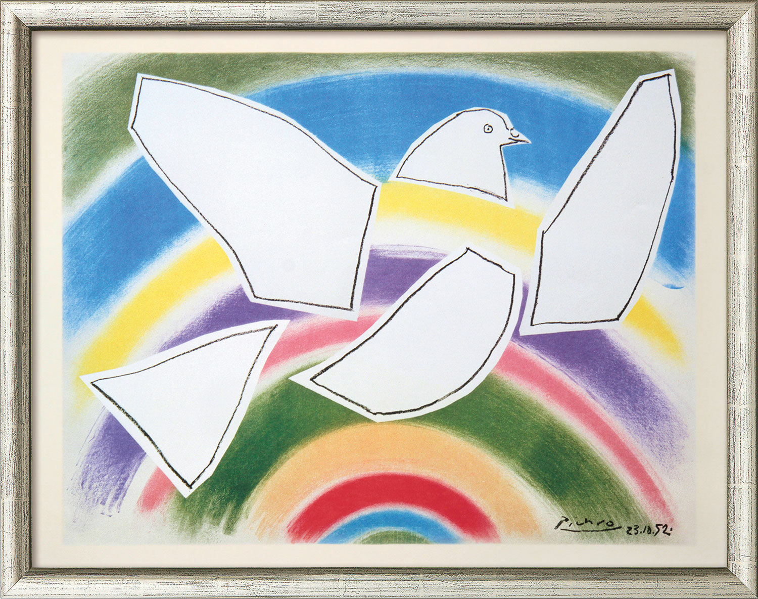 Bild "Flygande duva i regnbågen" (1952), inramad von Pablo Picasso