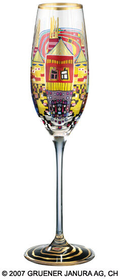 (882A) Champagne glass "Snail Houses with Black Smoke" by Friedensreich Hundertwasser