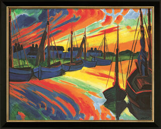 Bild "Lebas hamn" (ca 1922), svart och gyllene inramad version von Max Pechstein