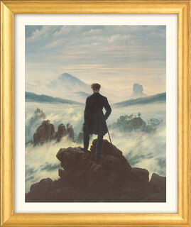 Bild "Der Wanderer über dem Nebelmeer" (1818), Version goldfarben gerahmt