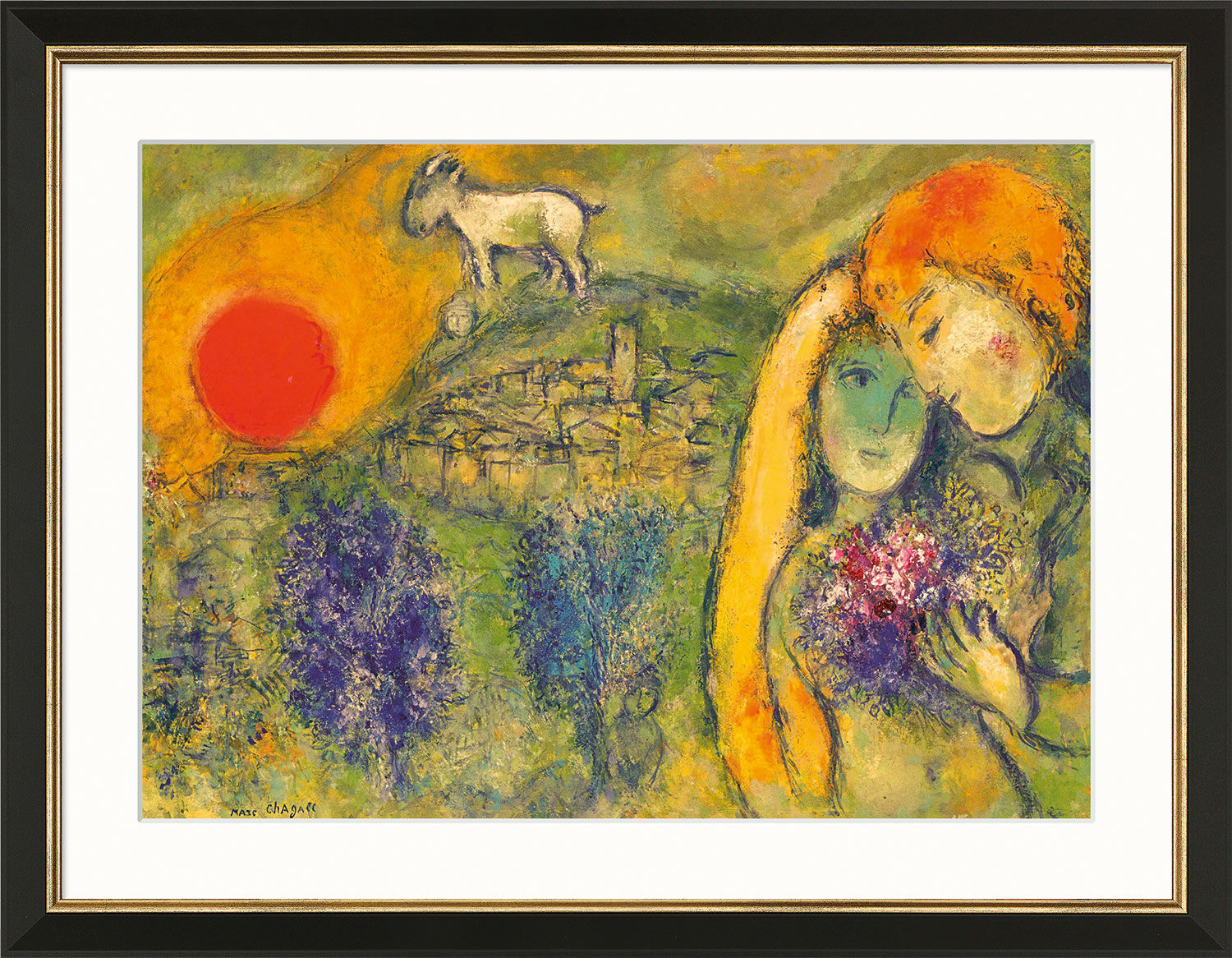 Bild "De älskande från Vence (Les Amoureux de Vence)" (1957), svart och guldfärgad inramad version von Marc Chagall