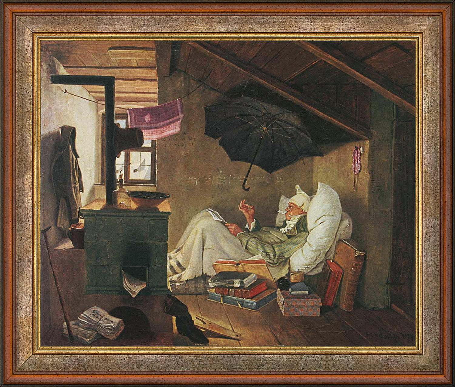 Bild "Den fattige poeten" (1839), inramad von Carl Spitzweg