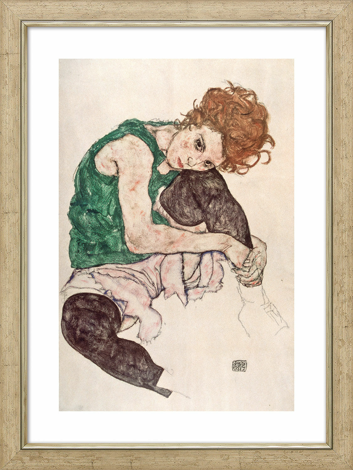 Bild "Sittande kvinna med upphöjt knä" (1917), inramad von Egon Schiele